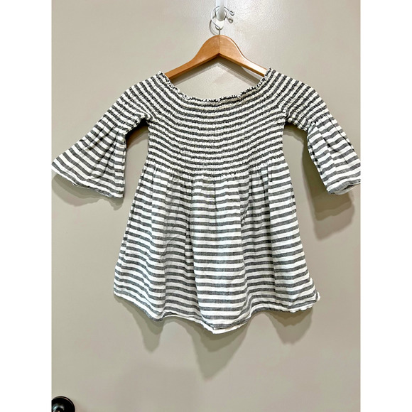 Over the shoulder elastic Smocked Striped Linen Babydoll Top bell sleeves Sz- M - Picture 5 of 5